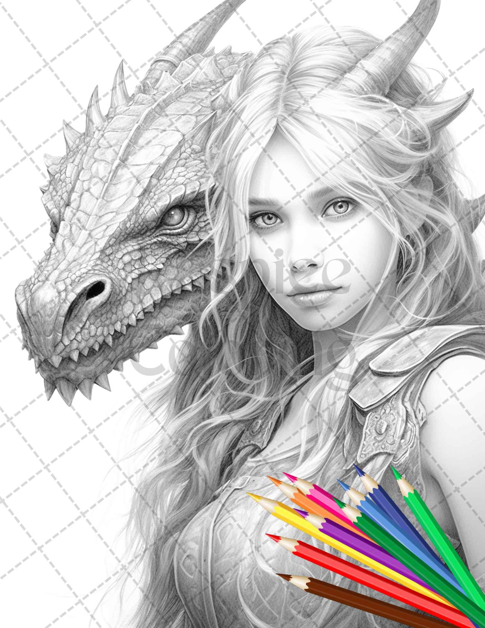 Enchanted Dragon Queens Grayscale Coloring Pages Printable for Adults, PDF File Instant Download