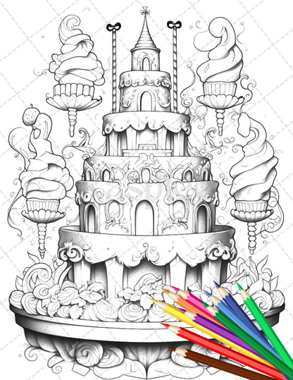 38 Whimsical Cakes Grayscale Coloring Pages for Adults, PDF File Instant Download