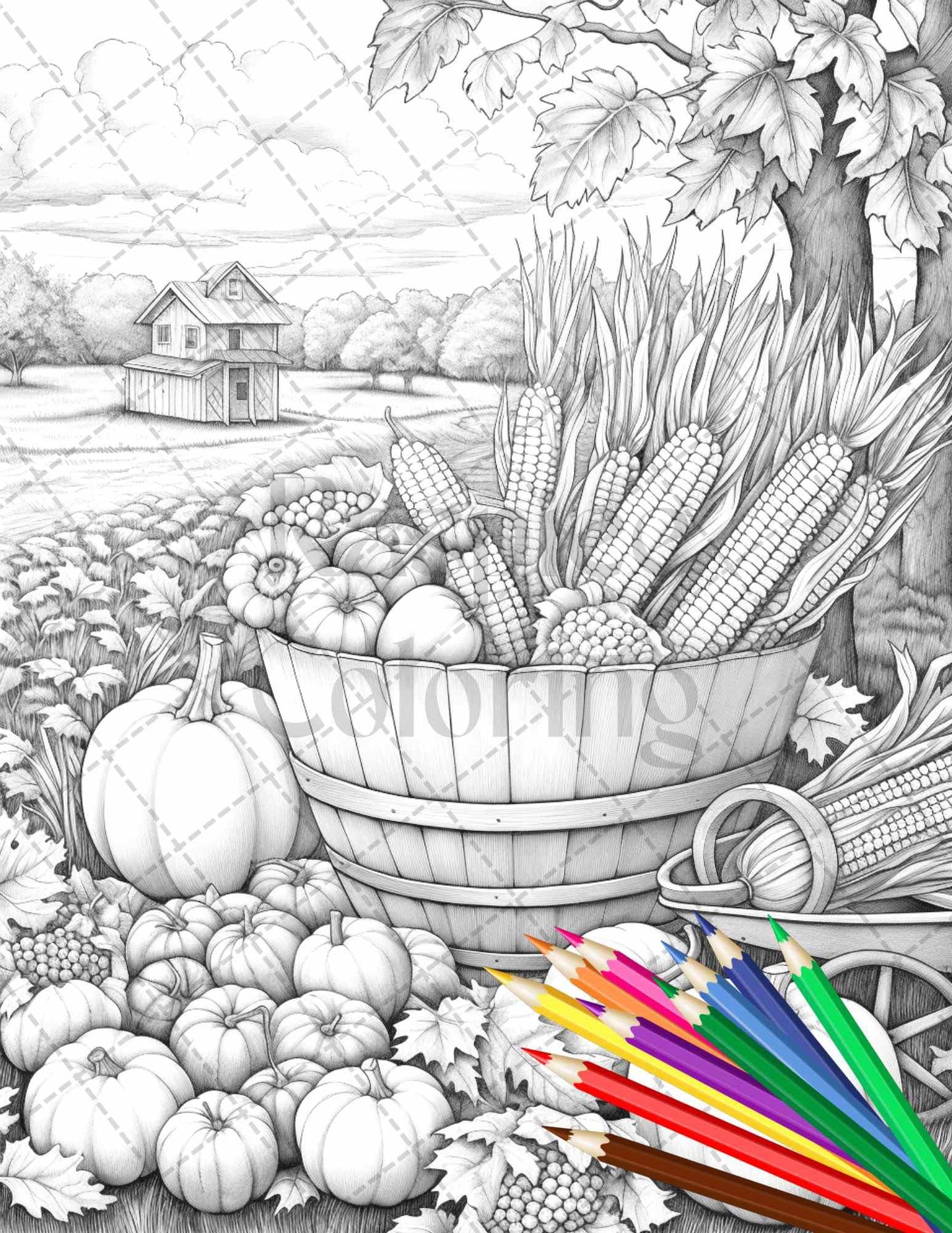 Autumn Harvest Grayscale Coloring Pages Printable for Adults, Relaxing Fall Themed Art, PDF File Instant Download