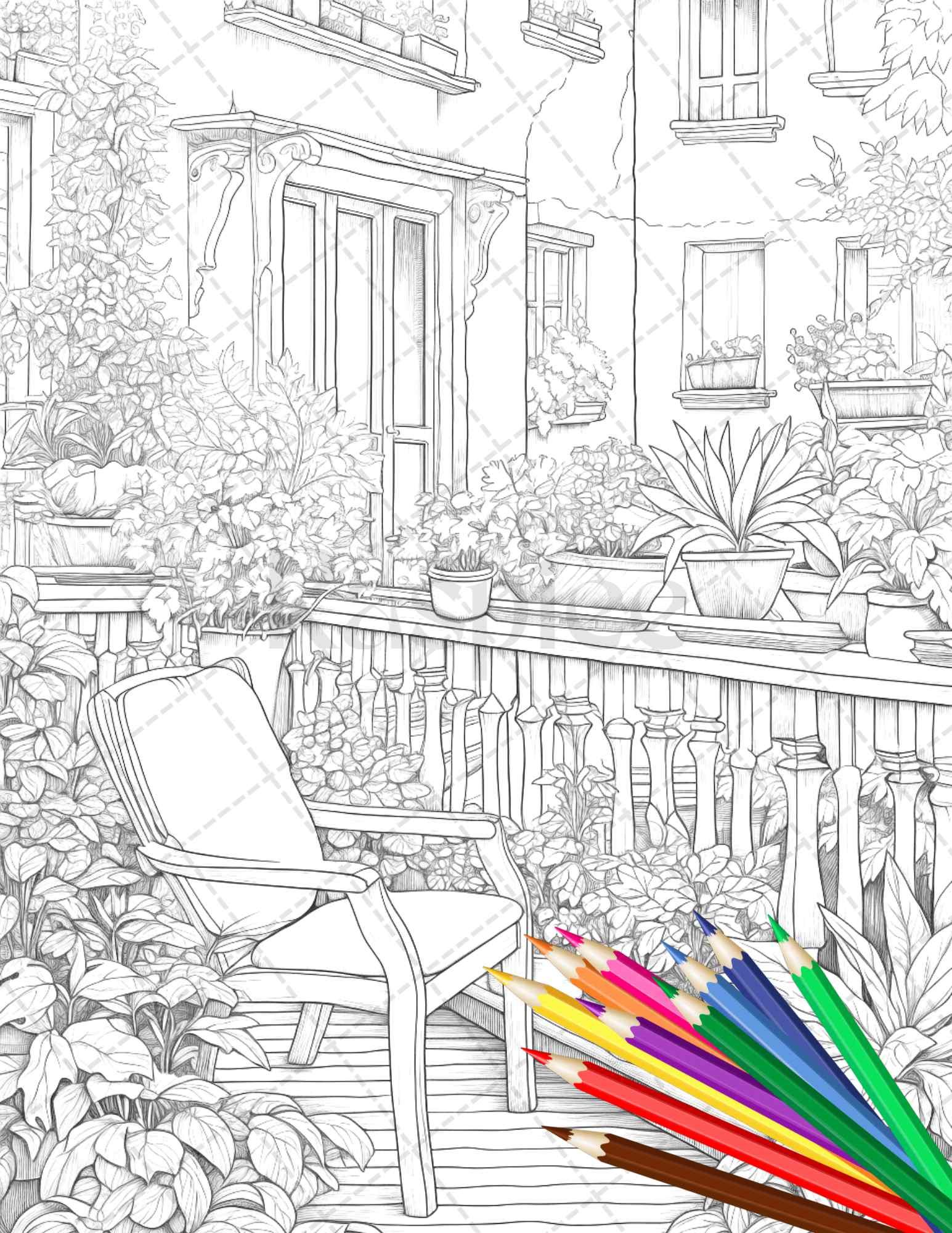 Charming Balcony Garden Grayscale Coloring Pages Printable for Adults, PDF File Instant Download