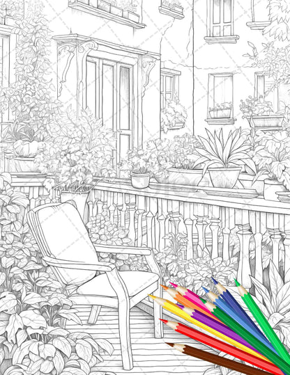 Charming Balcony Garden Grayscale Coloring Pages Printable for Adults, PDF File Instant Download