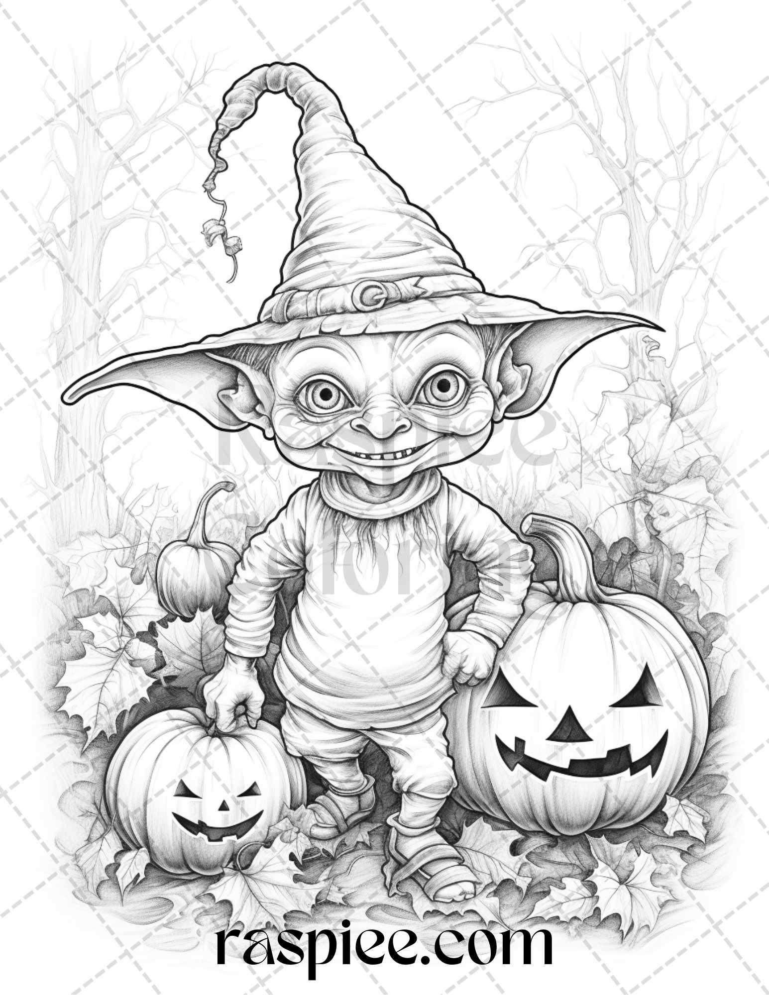 50 Halloween Goblin Grayscale Coloring Pages Printable for Adults, PDF File Instant Download