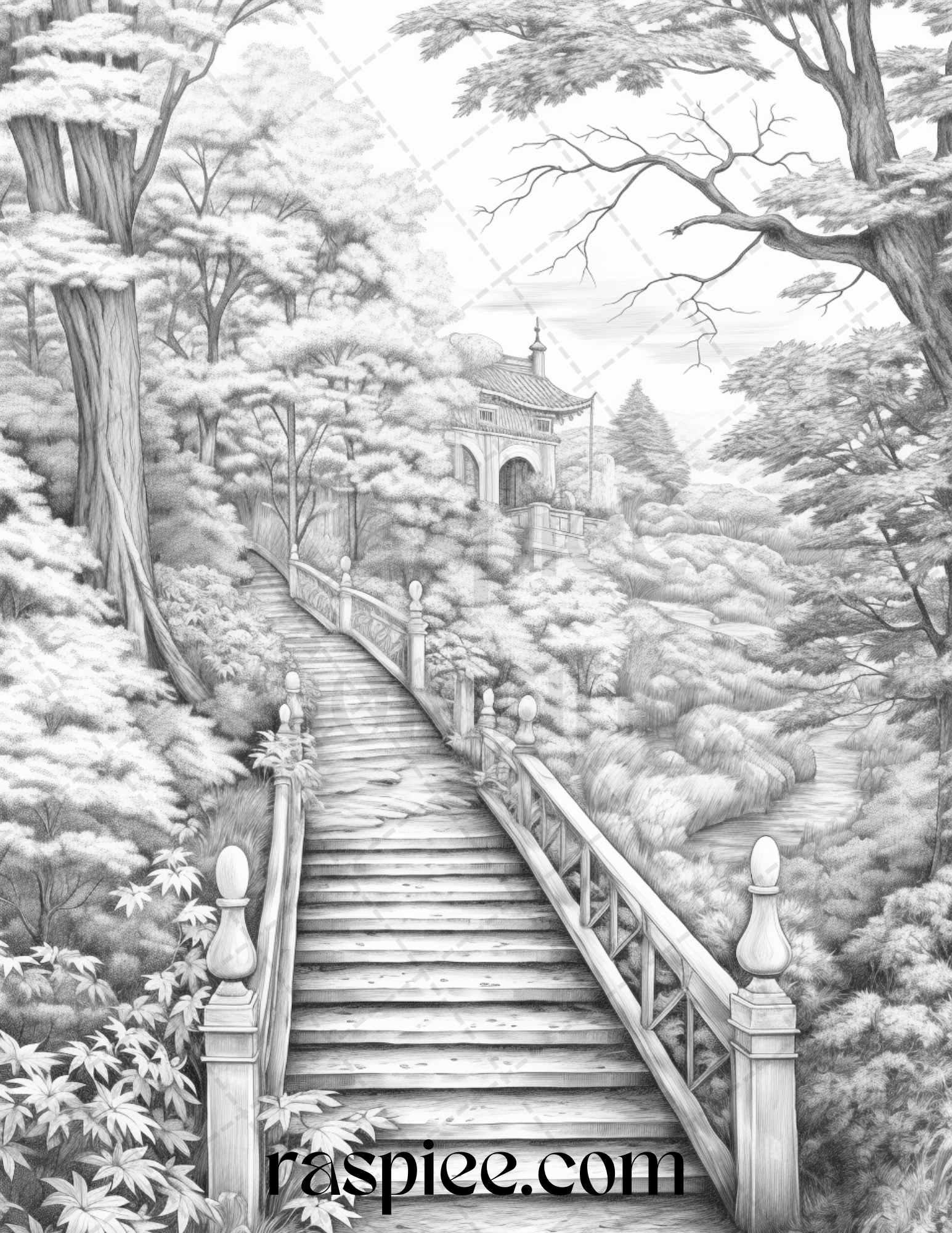 Autumn Scenery Grayscale Coloring Pages Printable for Adults, PDF File Instant Download