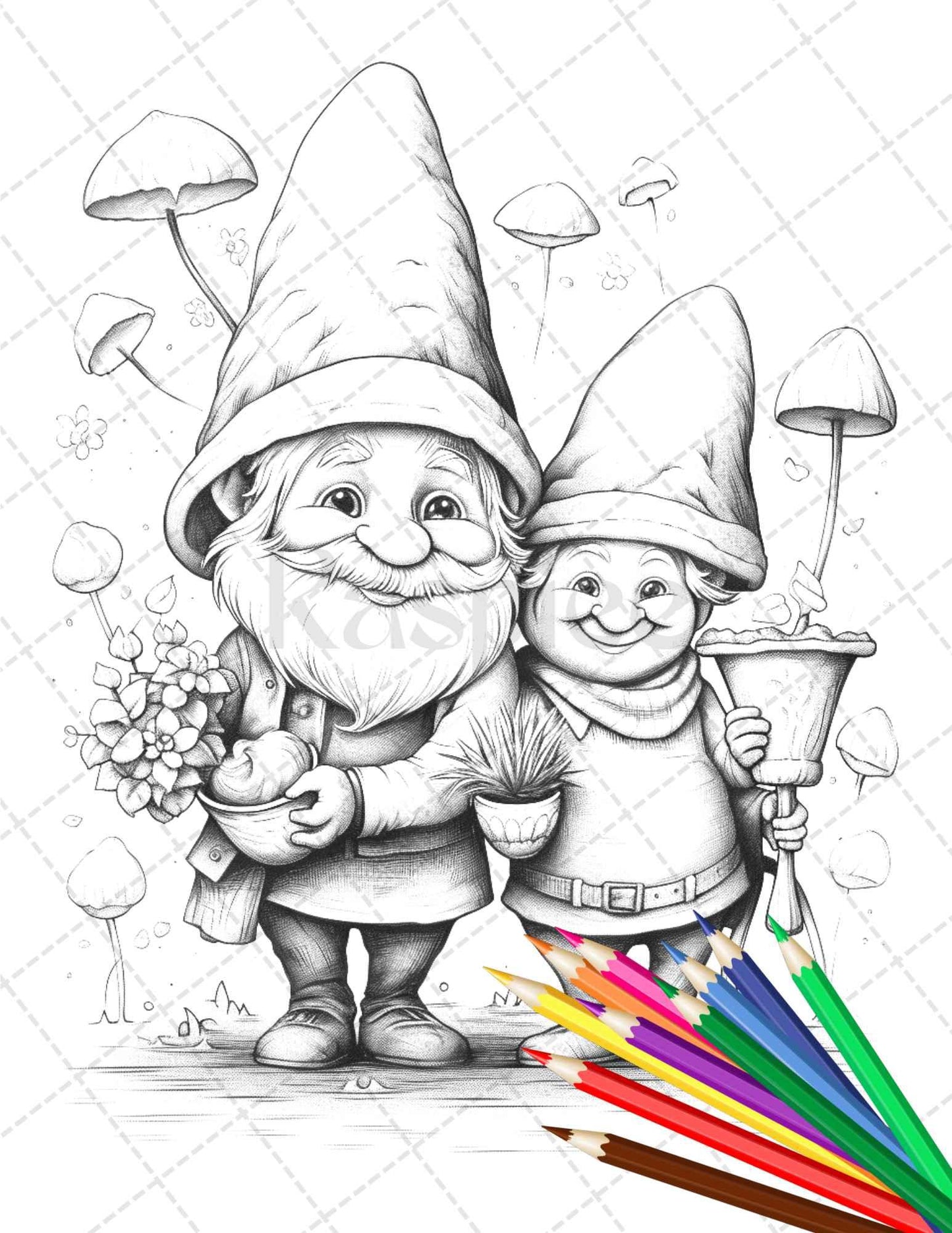 33 Gnome Love Coloring Pages Printable for Adults, Grayscale Coloring Page, PDF File Instant Download