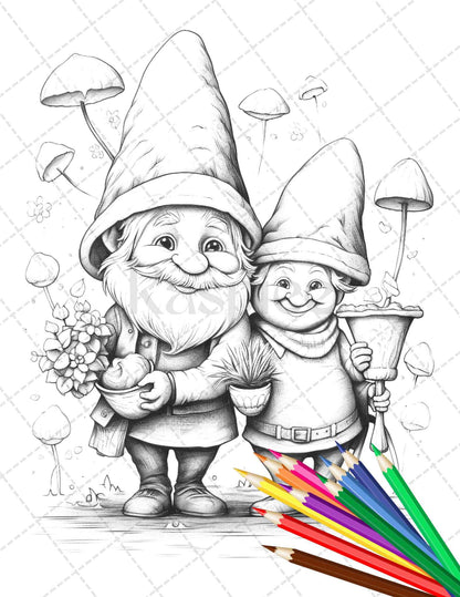 33 Gnome Love Coloring Pages Printable for Adults, Grayscale Coloring Page, PDF File Instant Download