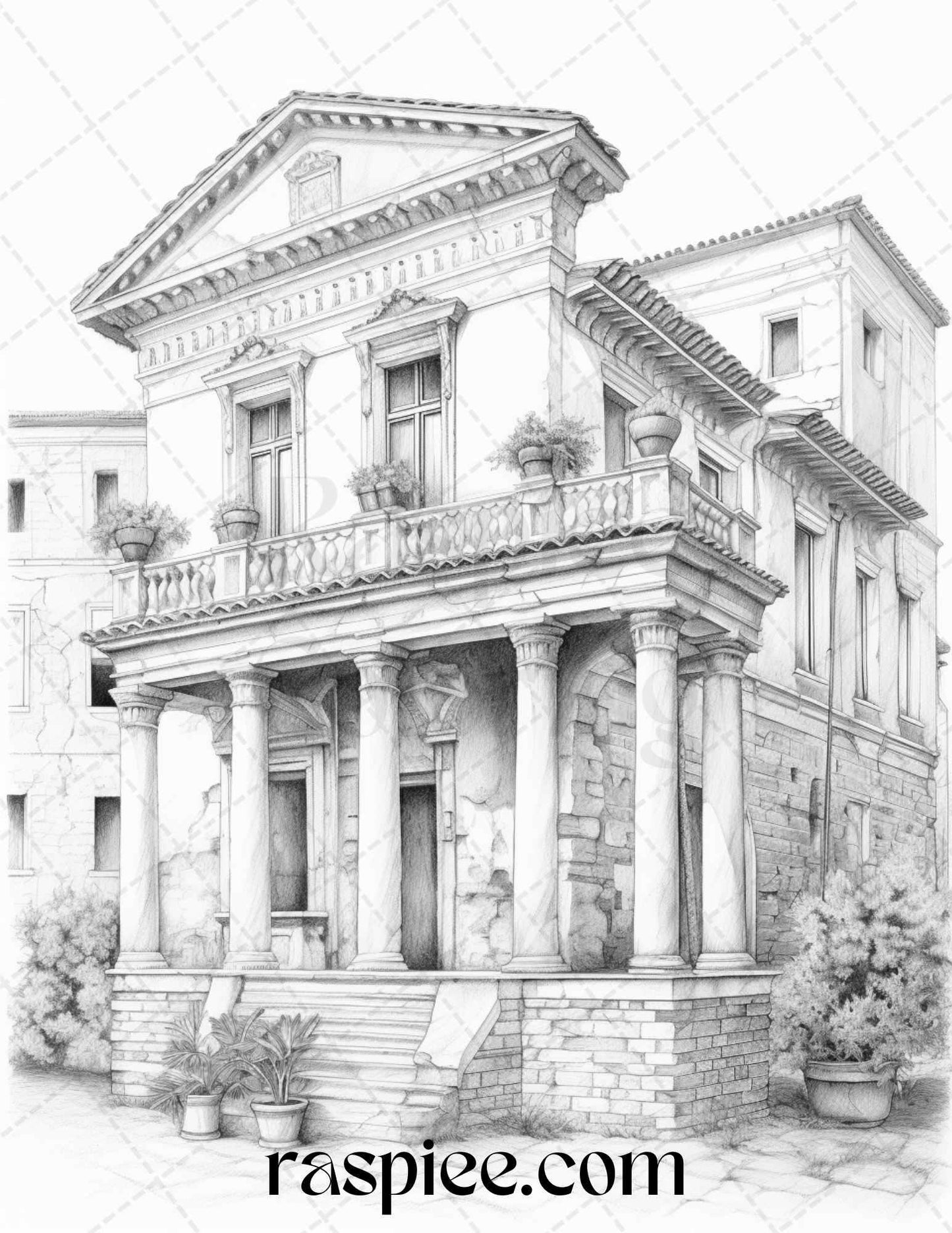 Roman Architecture Grayscale Coloring Pages Printable for Adults, PDF File Instant Download