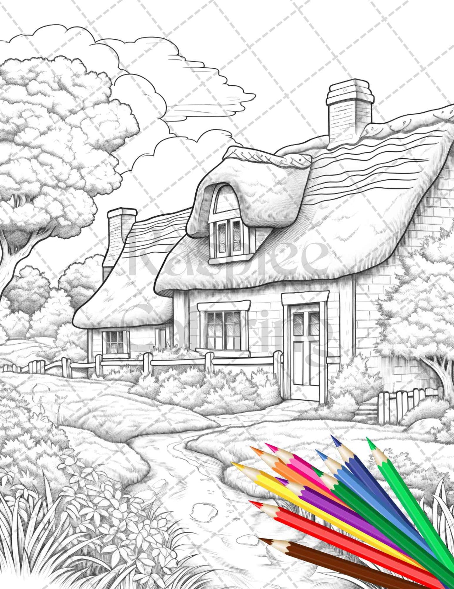 Charming Farmhouse Scenery Grayscale Coloring Pages Printable for Adults, PDF File Instant Download