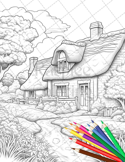 Charming Farmhouse Scenery Grayscale Coloring Pages Printable for Adults, PDF File Instant Download