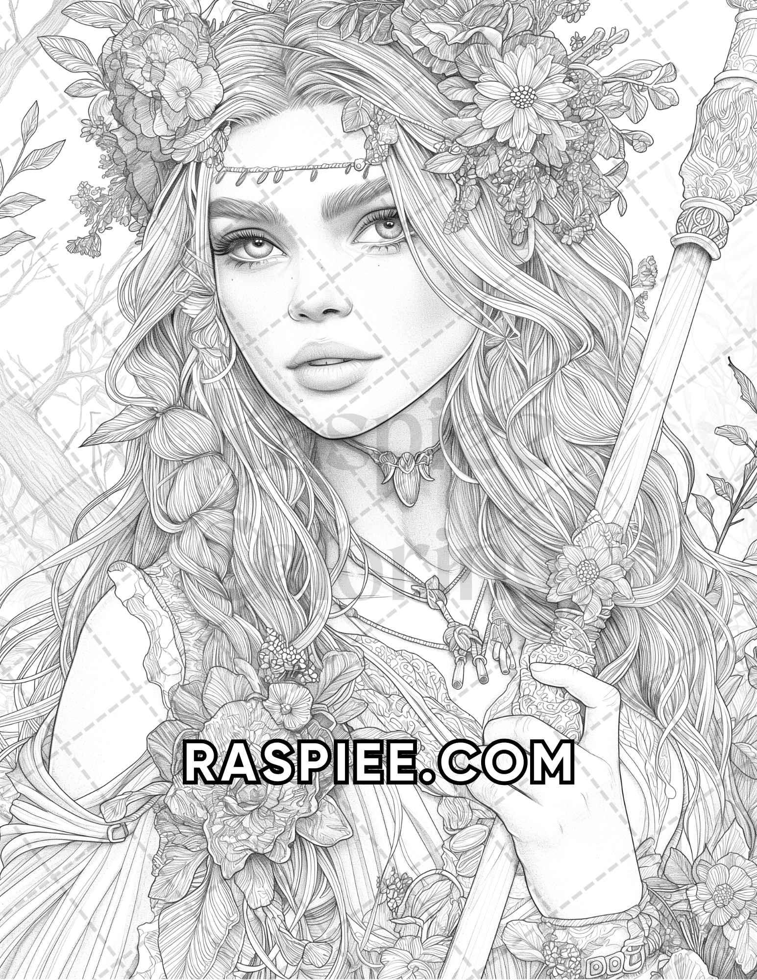 60 Fantasy Beauties Grayscale Adult Coloring Pages Printable PDF Instant Download