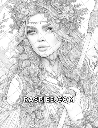 60 Fantasy Beauties Grayscale Adult Coloring Pages Printable PDF Instant Download