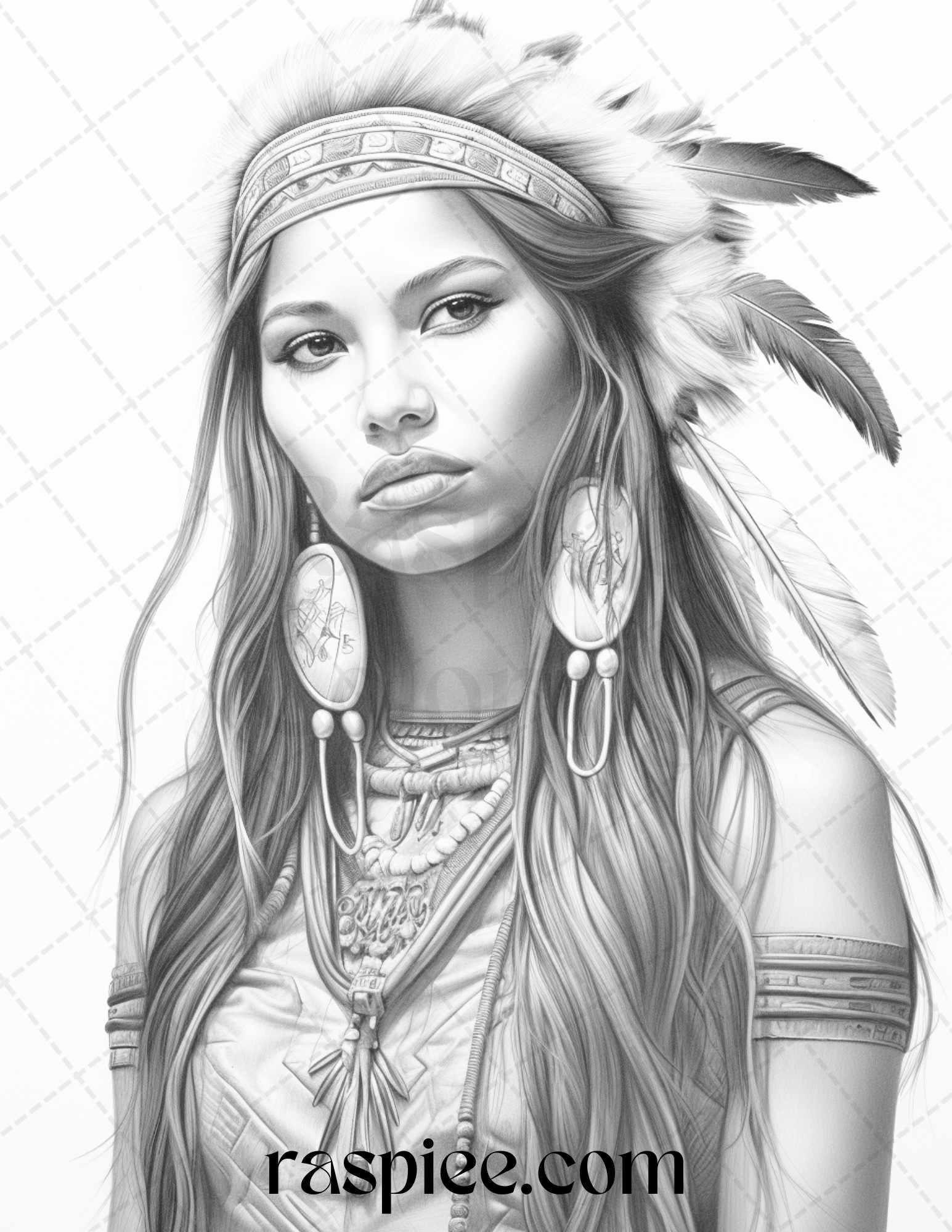 Native American Portrait Grayscale Coloring Pages Printable for Adults, PDF File Instant Download
