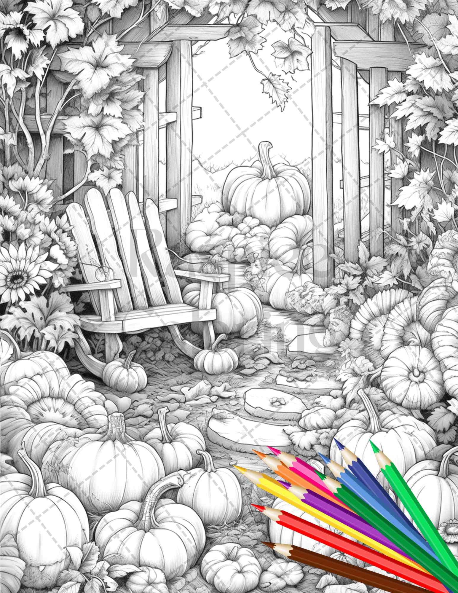 Pumpkin Garden Scenery Grayscale Coloring Pages Printable for Adults, PDF File Instant Download