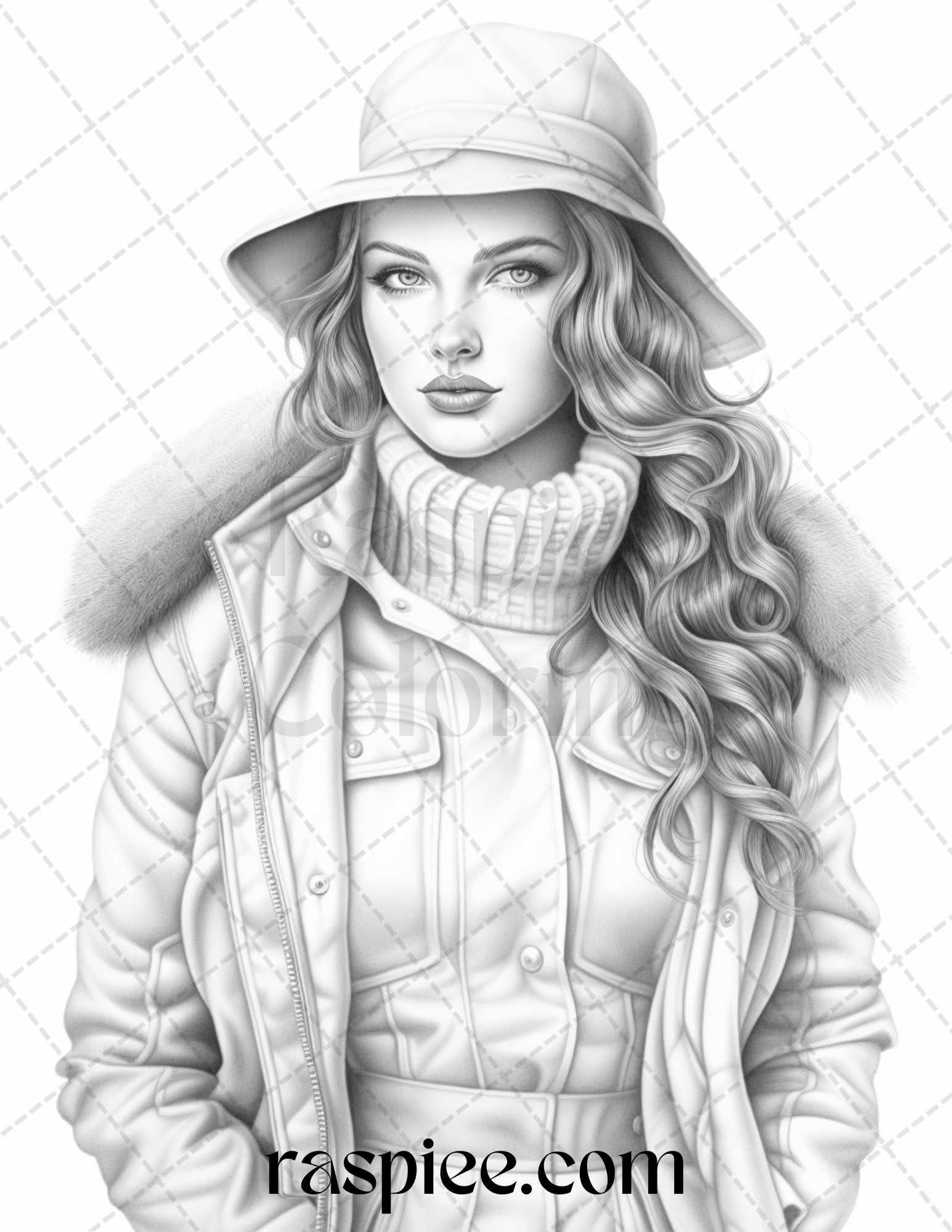 40 Winter Fashion Grayscale Coloring Pages Printable for Adults, PDF File Instant Download