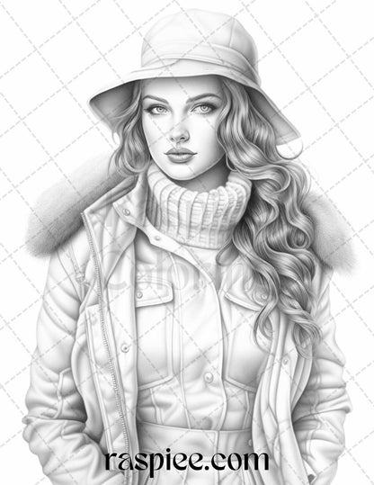 40 Winter Fashion Grayscale Coloring Pages Printable for Adults, PDF File Instant Download