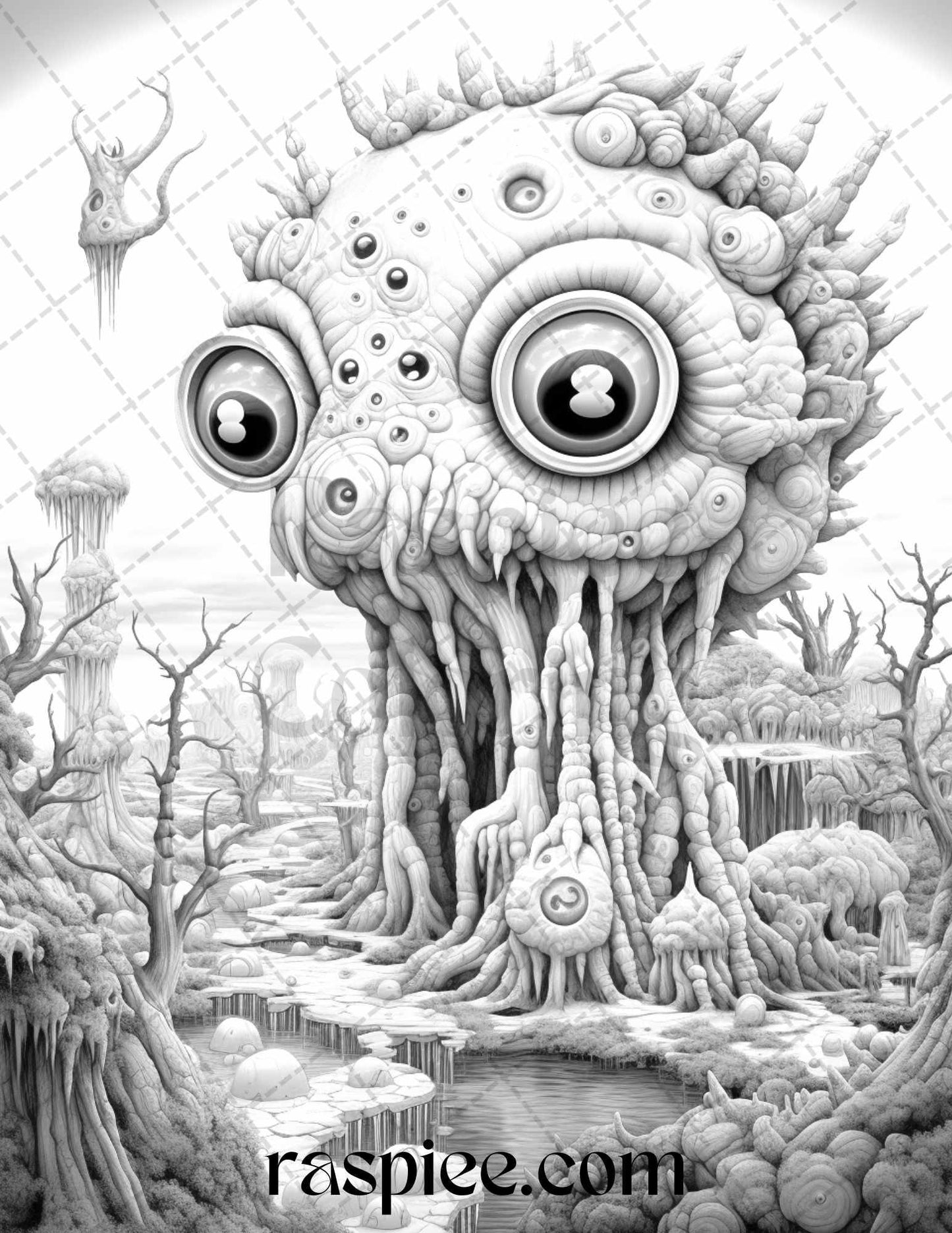 53 Surreal Creatures Grayscale Coloring Pages for Adults, Printable PDF File Instant Download