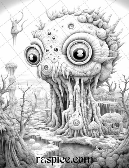 53 Surreal Creatures Grayscale Coloring Pages for Adults, Printable PDF File Instant Download