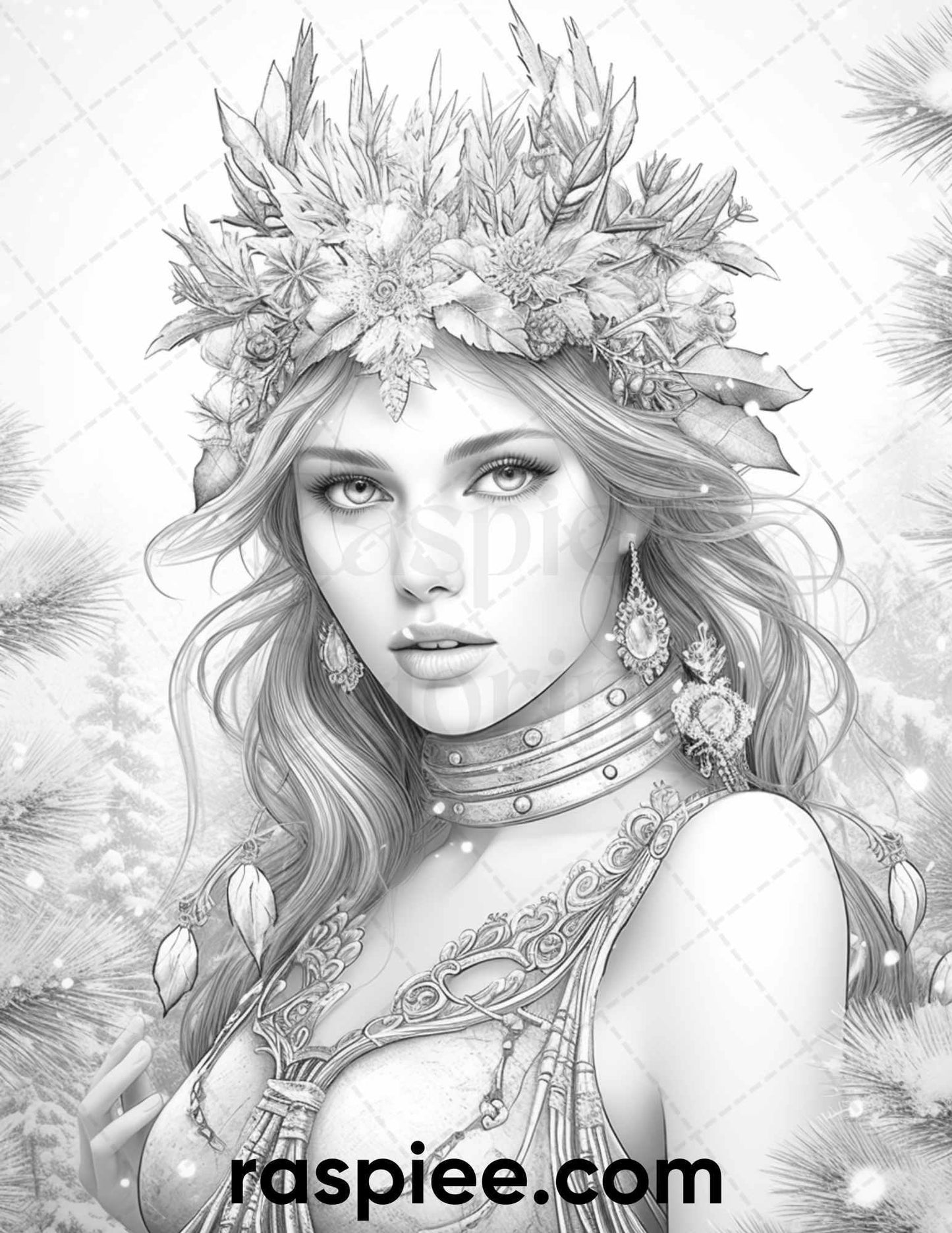 50 Winter Queens Portrait Grayscale Coloring Pages Printable for Adults, PDF File Instant Download