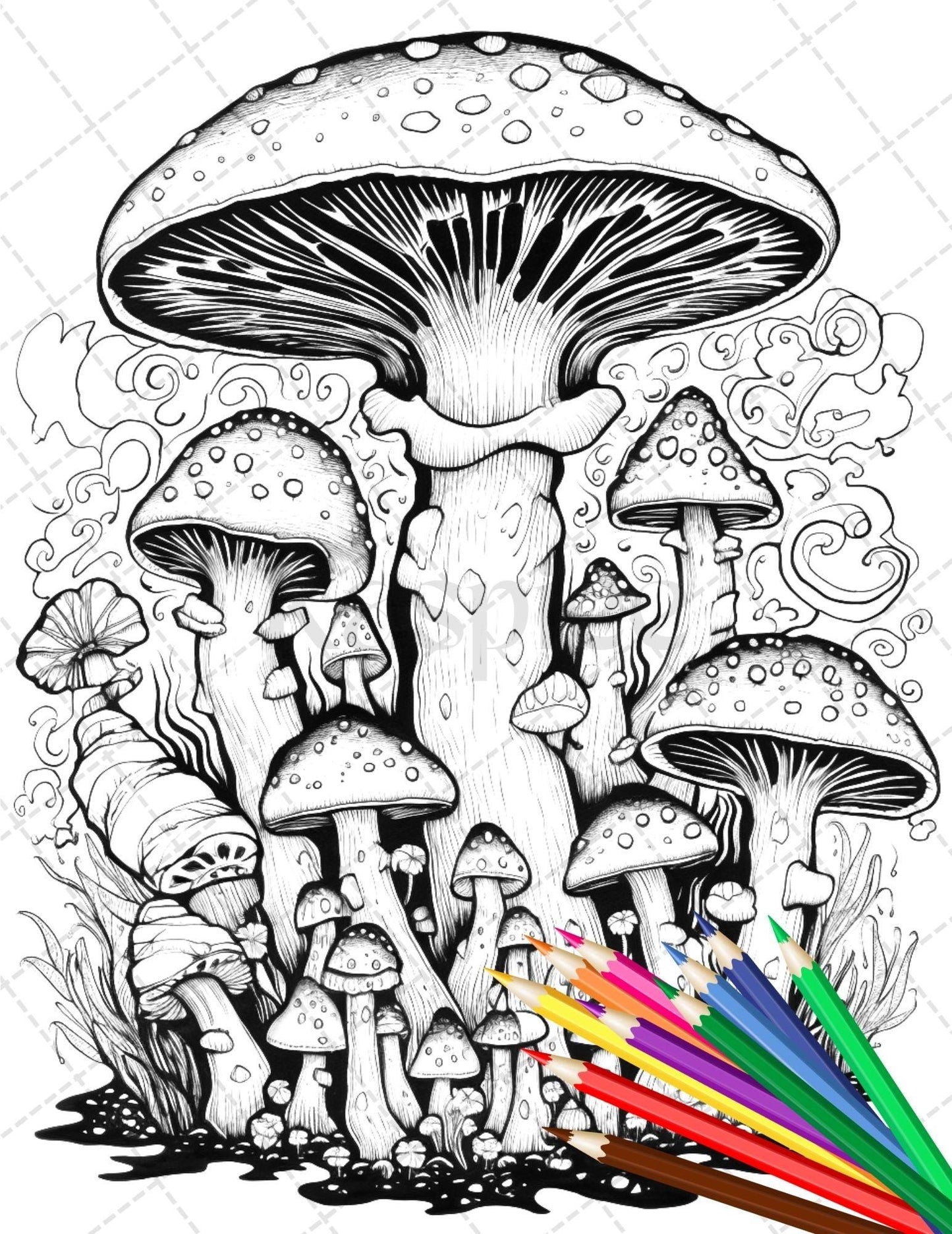 Psychedelic Mushroom Forest Coloring Book Printable for Adults, Trippy Grayscale Coloring Page, PDF File Instant Download