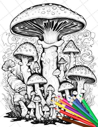 Psychedelic Mushroom Forest Coloring Book Printable for Adults, Trippy Grayscale Coloring Page, PDF File Instant Download