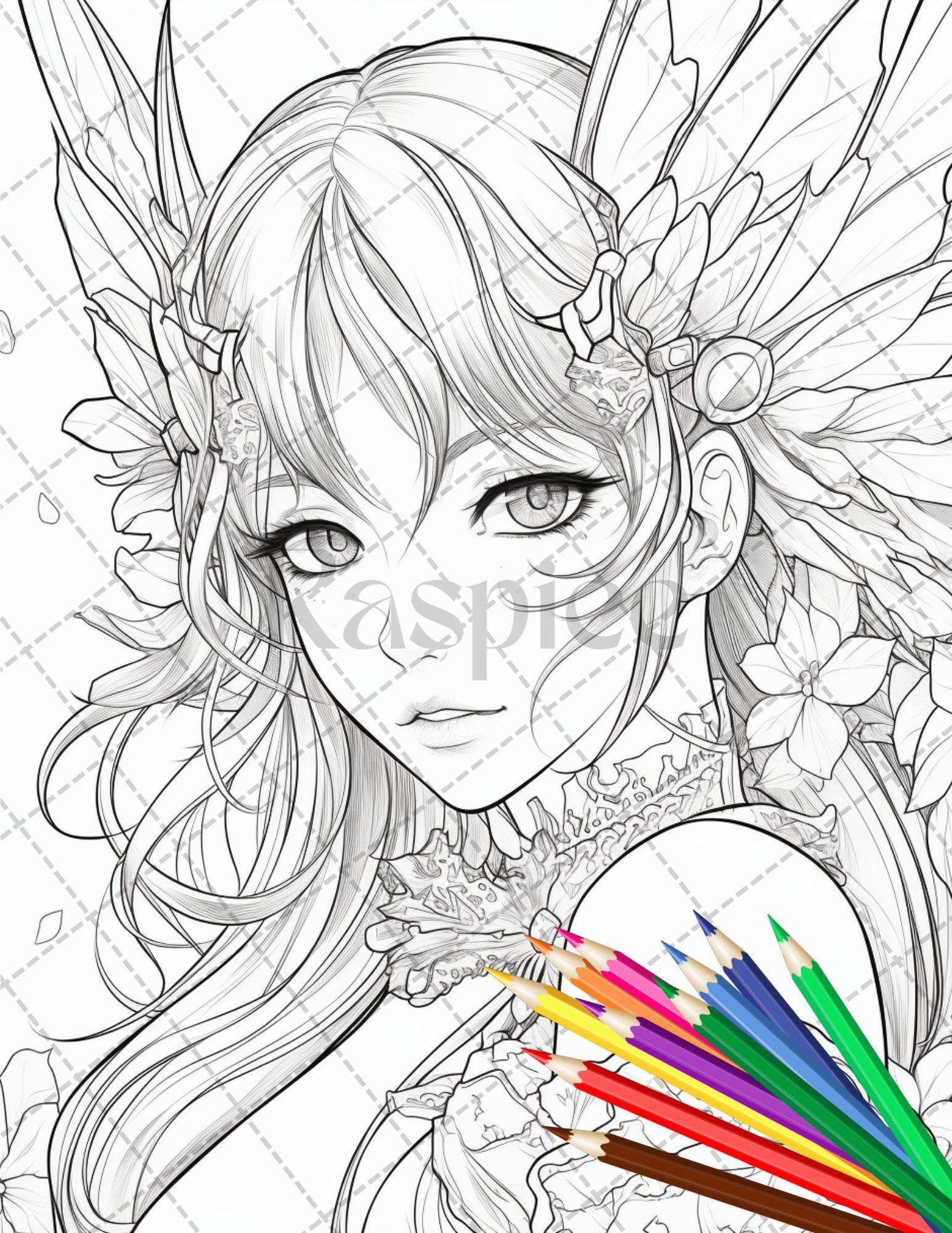 32 Anime Fairy Girl Printable Coloring Pages for Adults, Cute Fairy Grayscale Coloring Book, Printable PDF File Download
