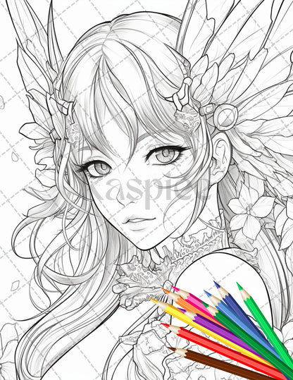 32 Anime Fairy Girl Printable Coloring Pages for Adults, Cute Fairy Grayscale Coloring Book, Printable PDF File Download