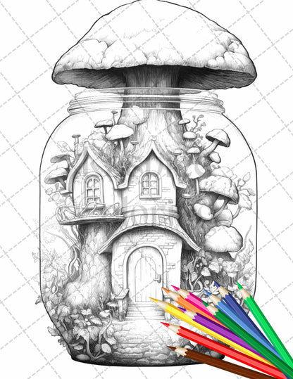 Fairy House in Jar Grayscale Coloring Pages Printable for Adults, PDF File Instant Download