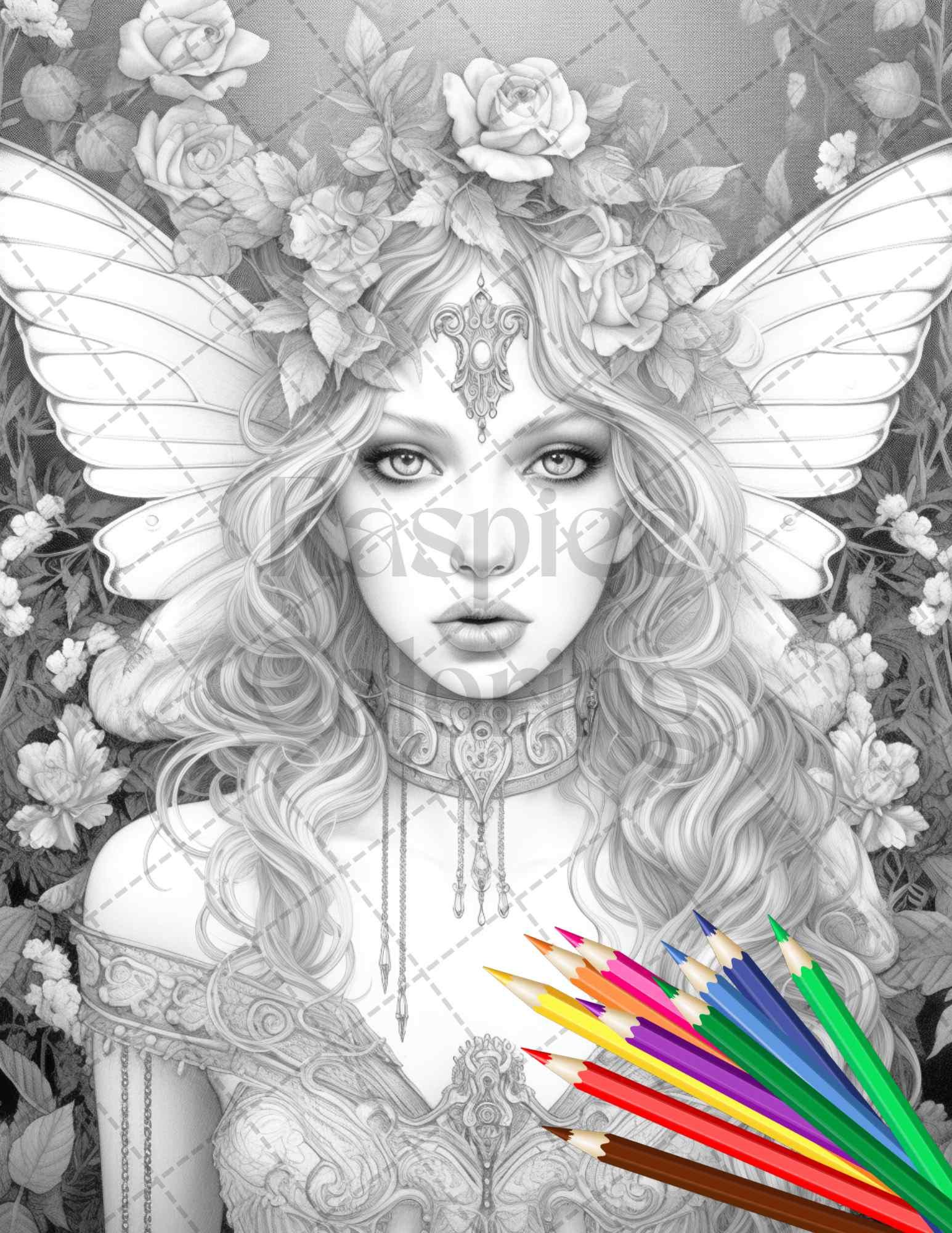 Beautiful Dark Fairy Grayscale Coloring Pages Printable for Adults, PDF File Instant Download