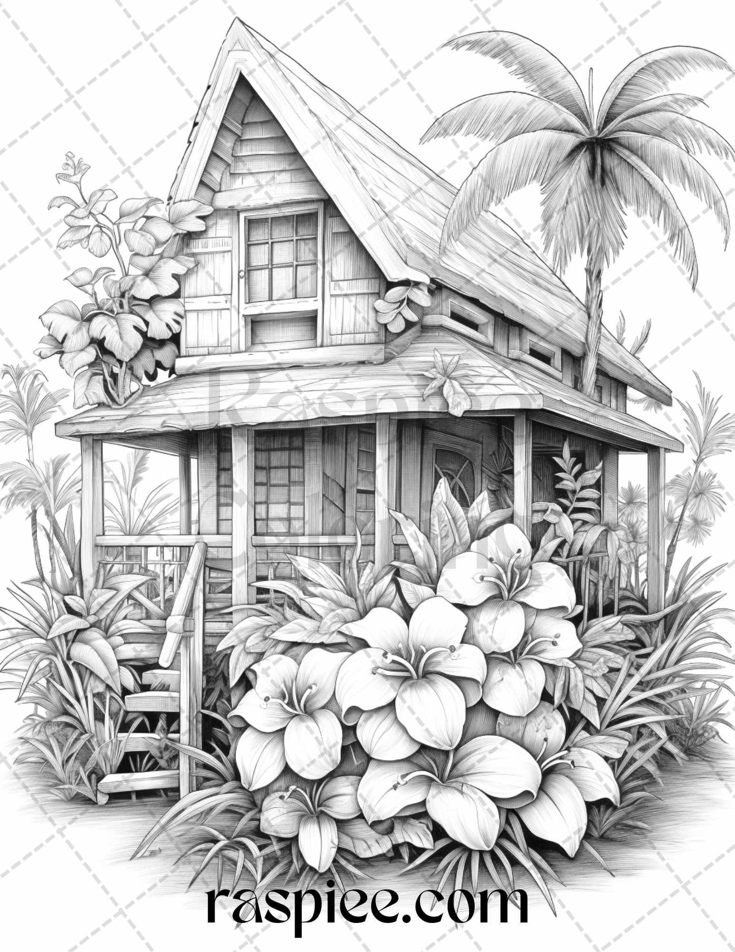 40 Hawaii Tiki Houses Grayscale Coloring Pages Printable for Adults, PDF File Instant Download