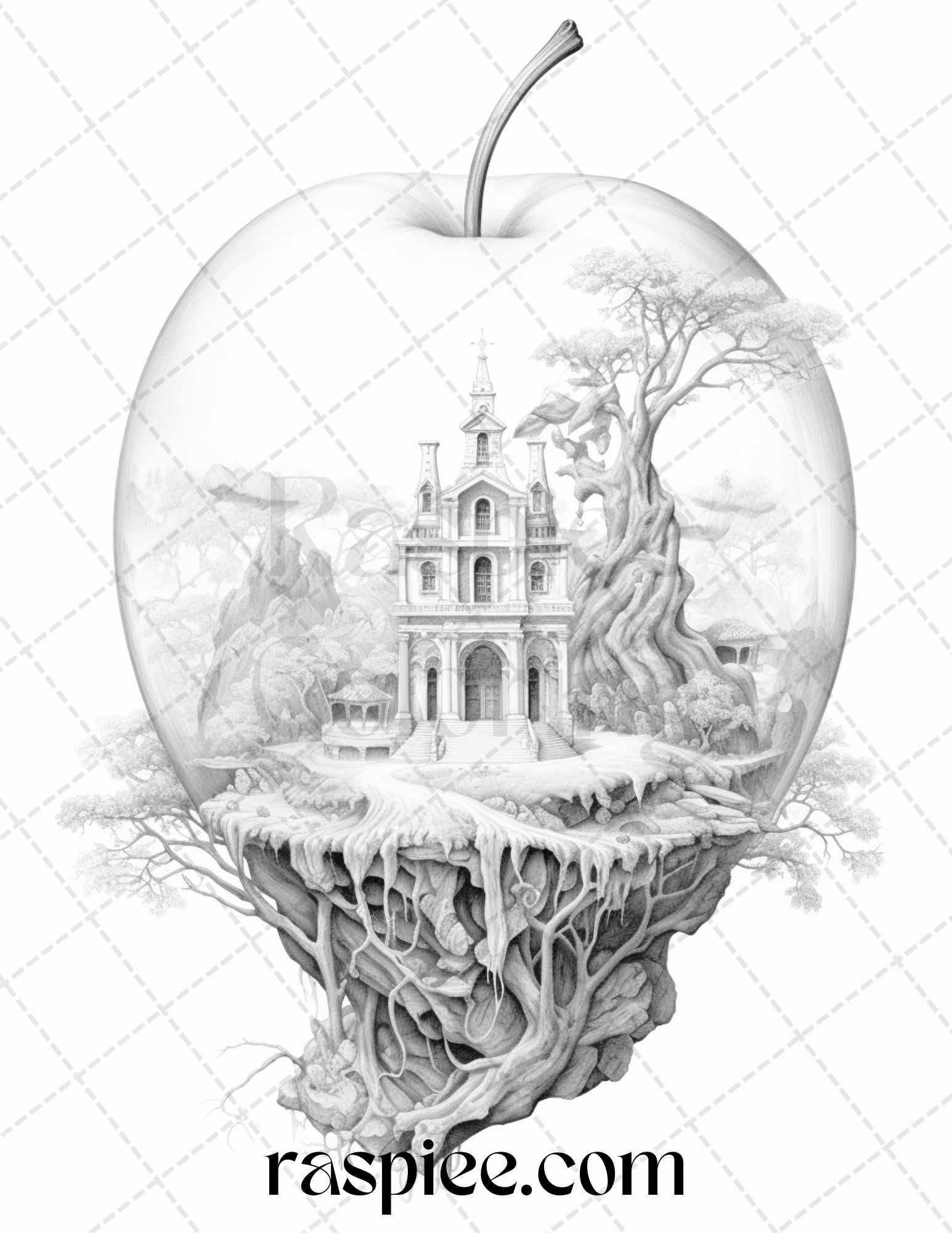 60 Miniworld in the Apple Grayscale Coloring Pages Printable for Adults, PDF File Instant Download