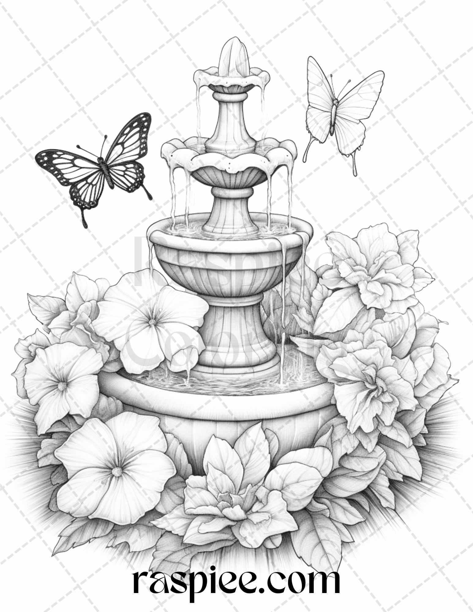 32 Blooming Fountains Grayscale Coloring Pages Printable for Adults, PDF File Instant Download