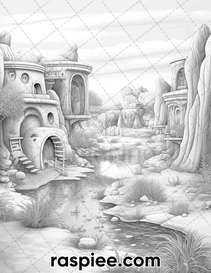 55 Desert Oasis Fairy Homes Grayscale Coloring Pages for Adults, Printable PDF Instant Download