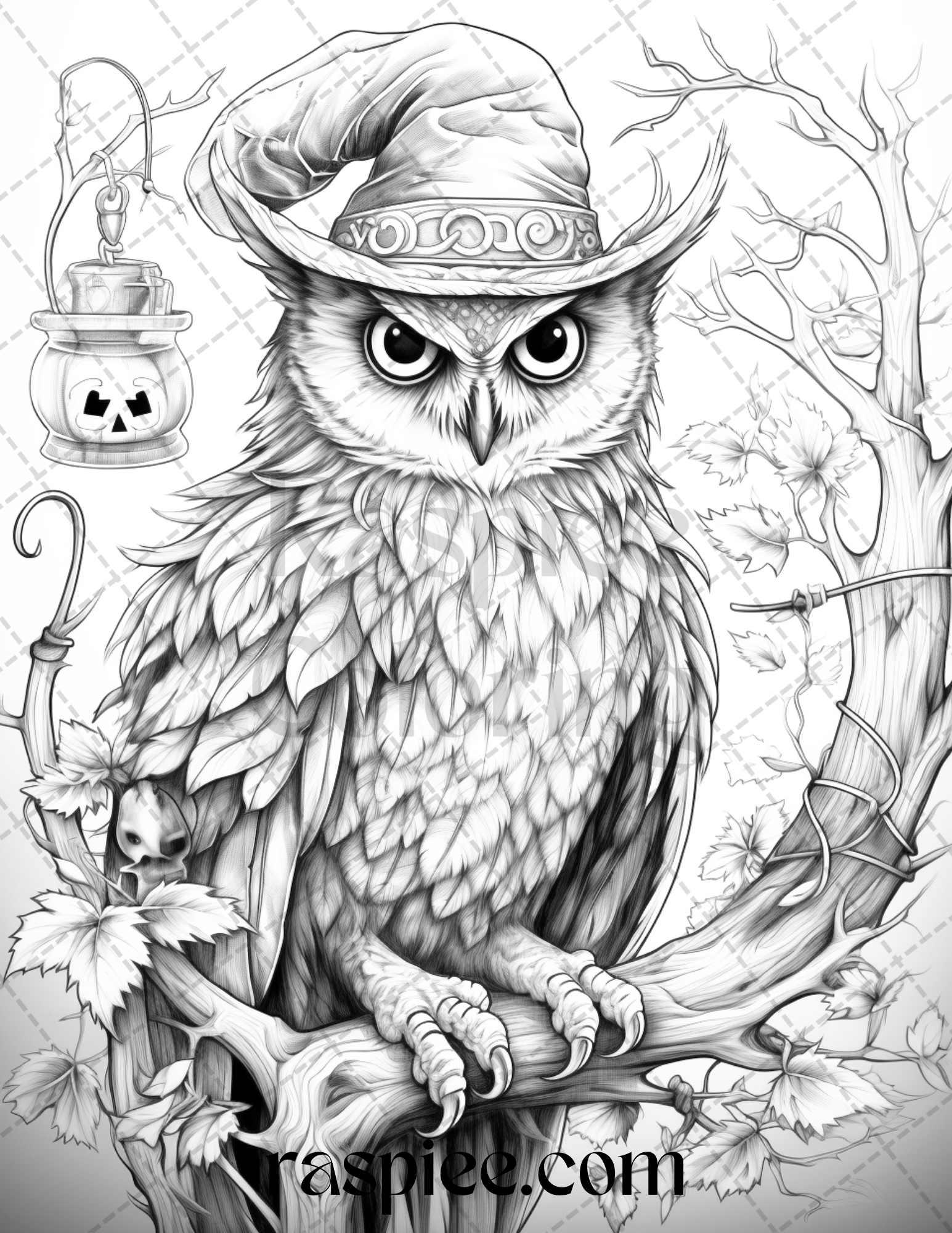 Halloween Witch Owl Grayscale Coloring Pages for Adults and Kids, Printable PDF Instant Download