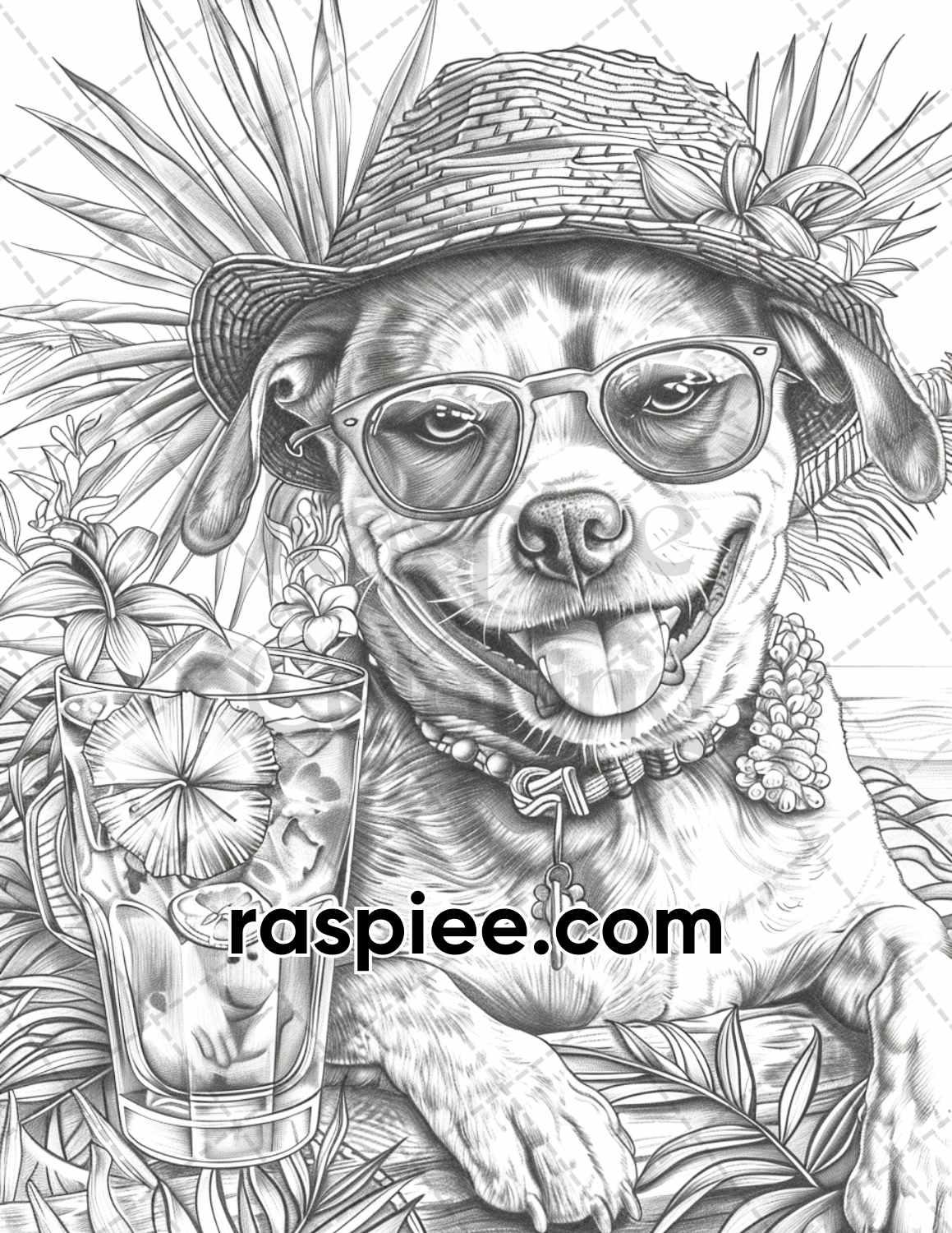 90 Summer Dogs Grayscale Adult Coloring Pages, Printable PDF Instant Download