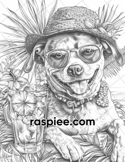 90 Summer Dogs Grayscale Adult Coloring Pages, Printable PDF Instant Download