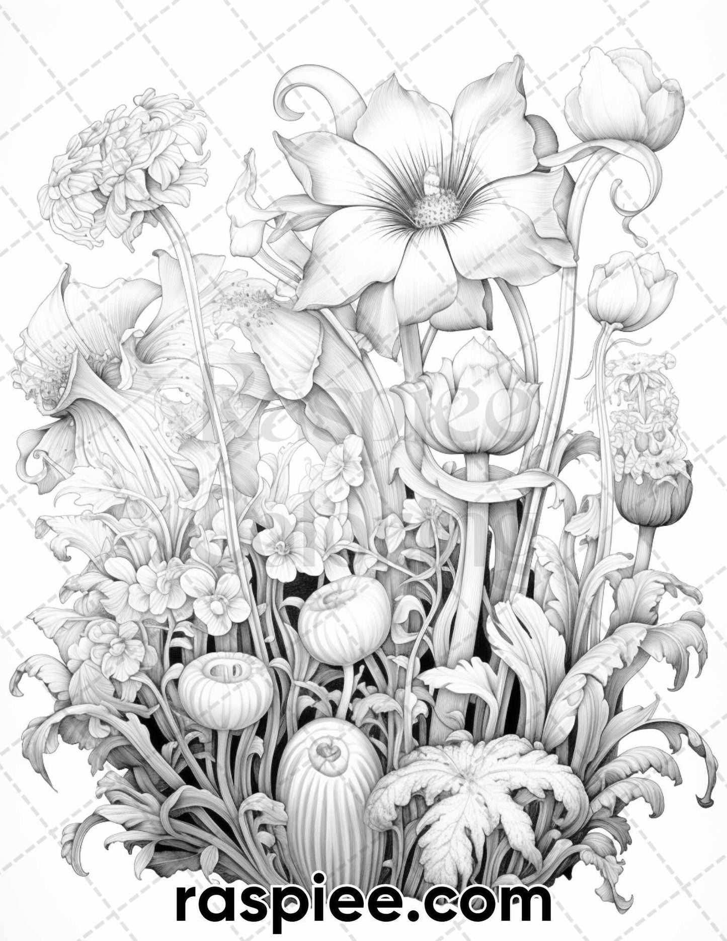 55 Fantasy Flowers Grayscale Coloring Pages for Adults, Printable PDF File Instant Download
