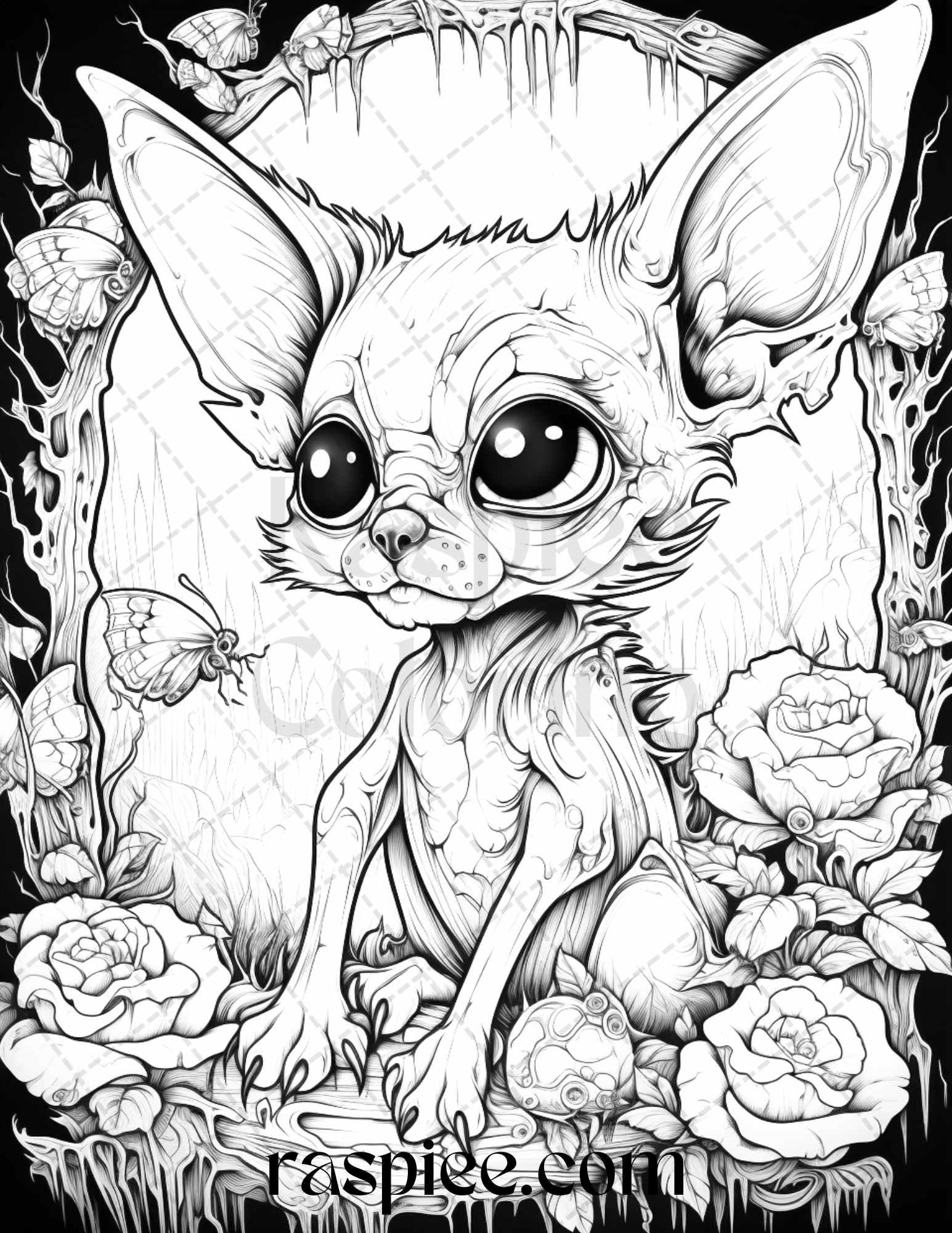 50 Halloween Scary Animals Grayscale Coloring Pages Printable for Adults, PDF File Instant Download