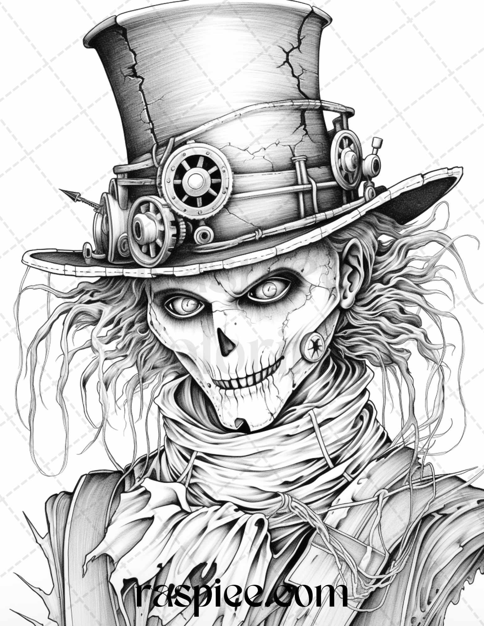53 Scary Steampunk Scarecrows Grayscale Coloring Pages Printable for Adults, PDF File Instant Download
