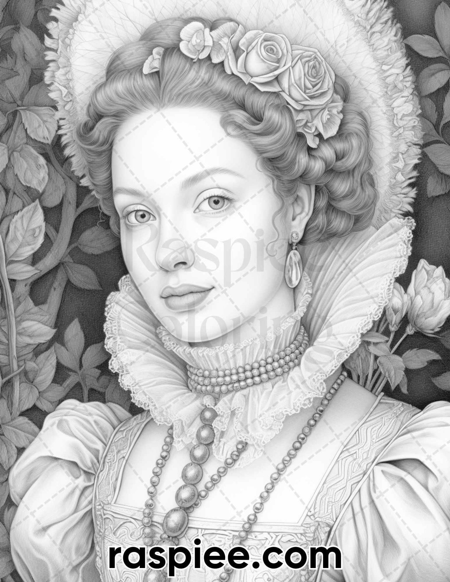 65 Elizabethan Women Portraits Grayscale Adult Coloring Pages, Printable PDF Instant Download