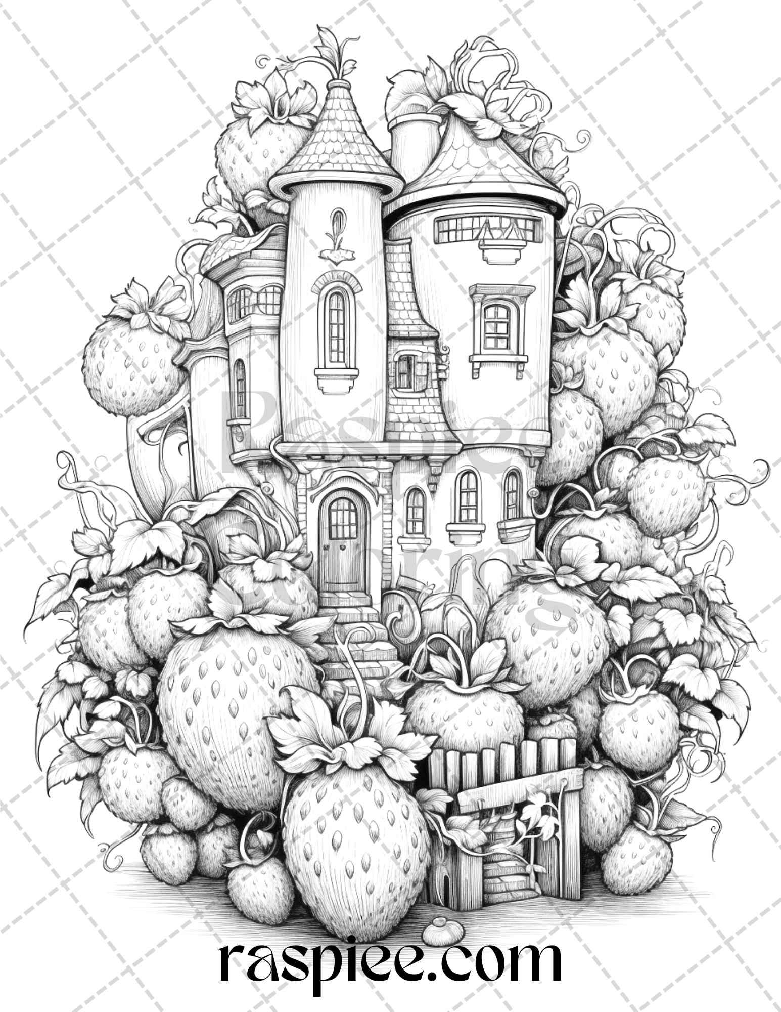 50 Strawberry Houses Grayscale Coloring Pages Printable for Adults Kids, PDF File Instant Download