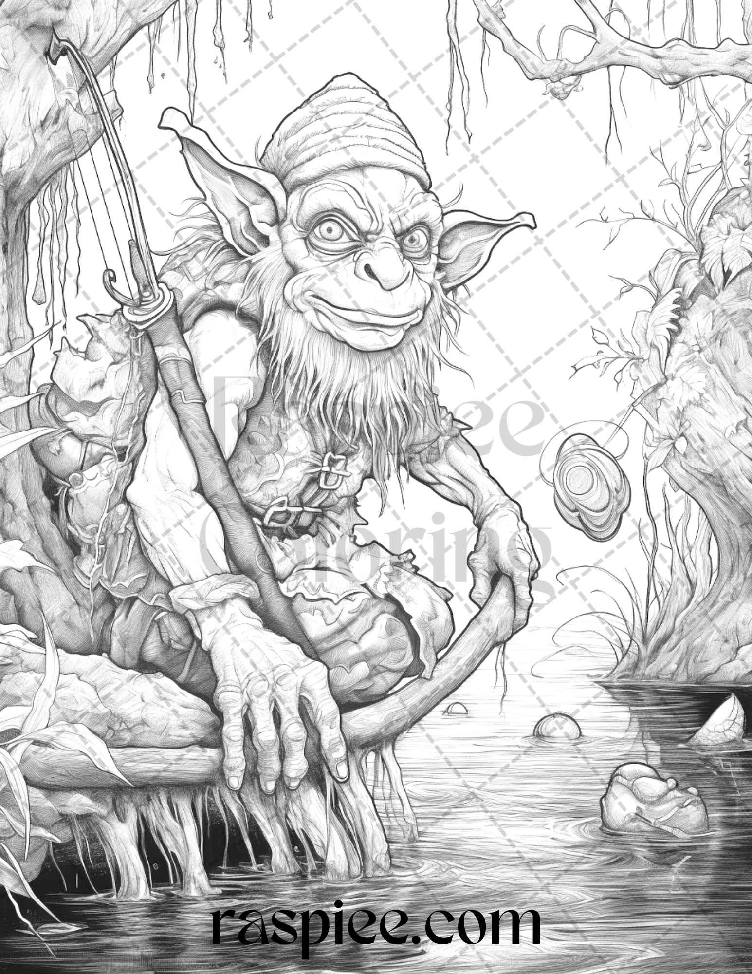 Fantasy Goblins Grayscale Coloring Pages Printable for Adults, PDF File Instant Download