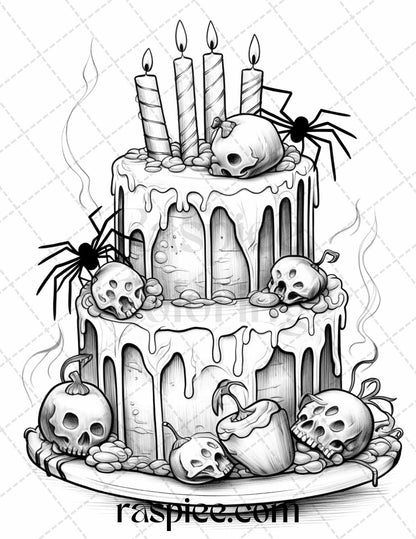 68 Halloween Spooky Desserts Grayscale Coloring Pages Printable for Adults, PDF File Instant Download