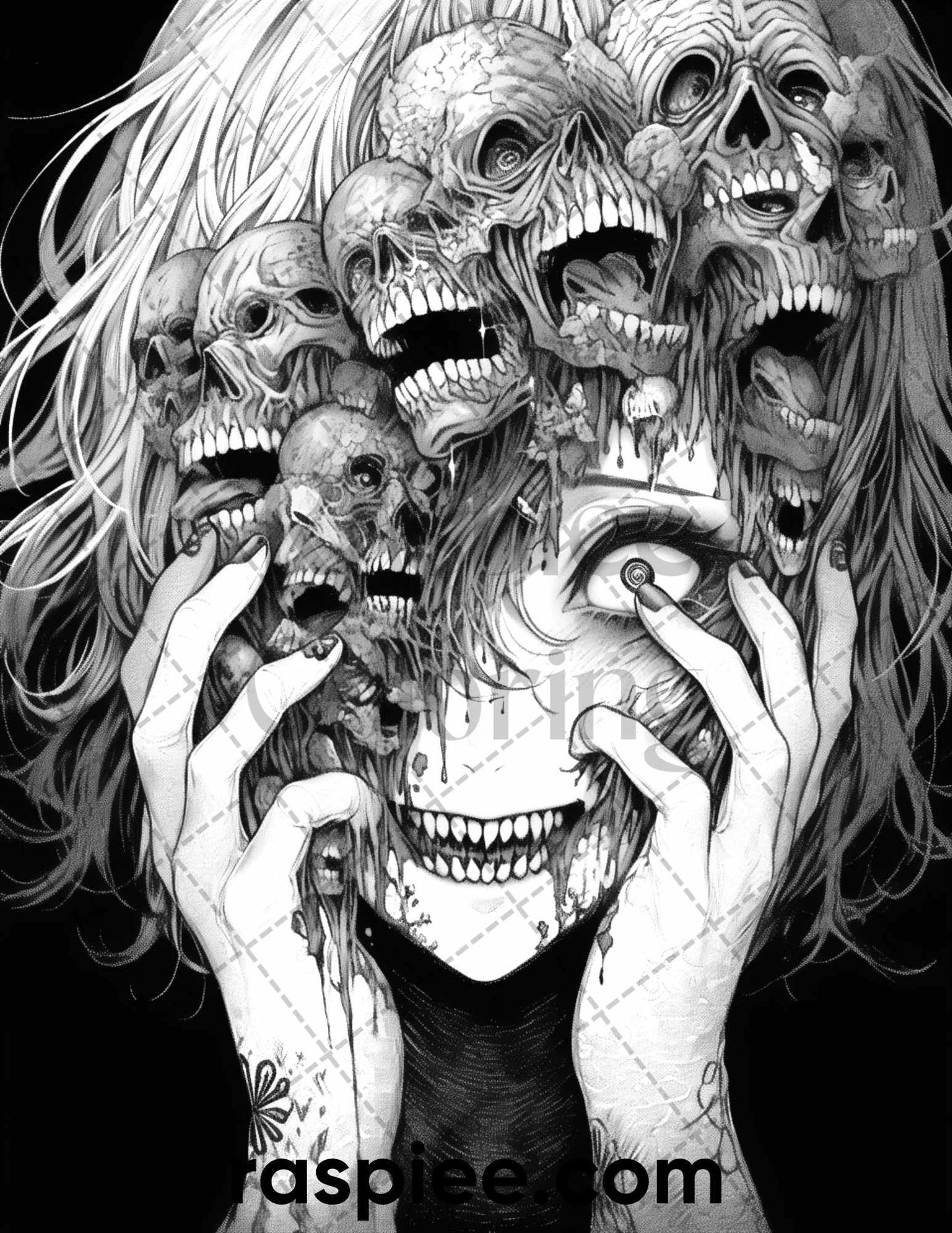 60 Horror Beauties Grayscale Coloring Pages Printable for Adults, PDF File Instant Download