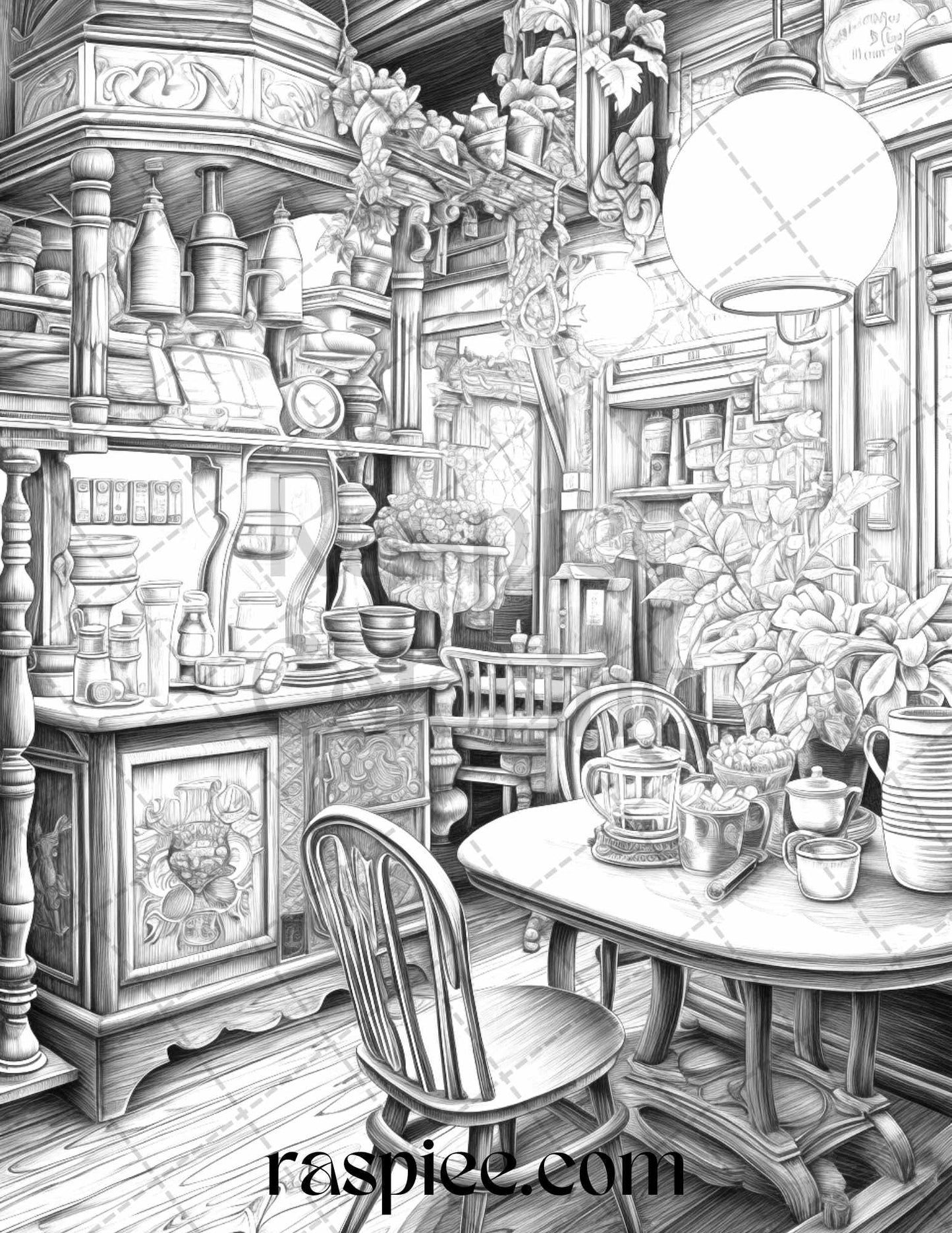 50 Cozy Coffee Shop Grayscale Coloring Pages Printable for Adults, PDF File Instant Download