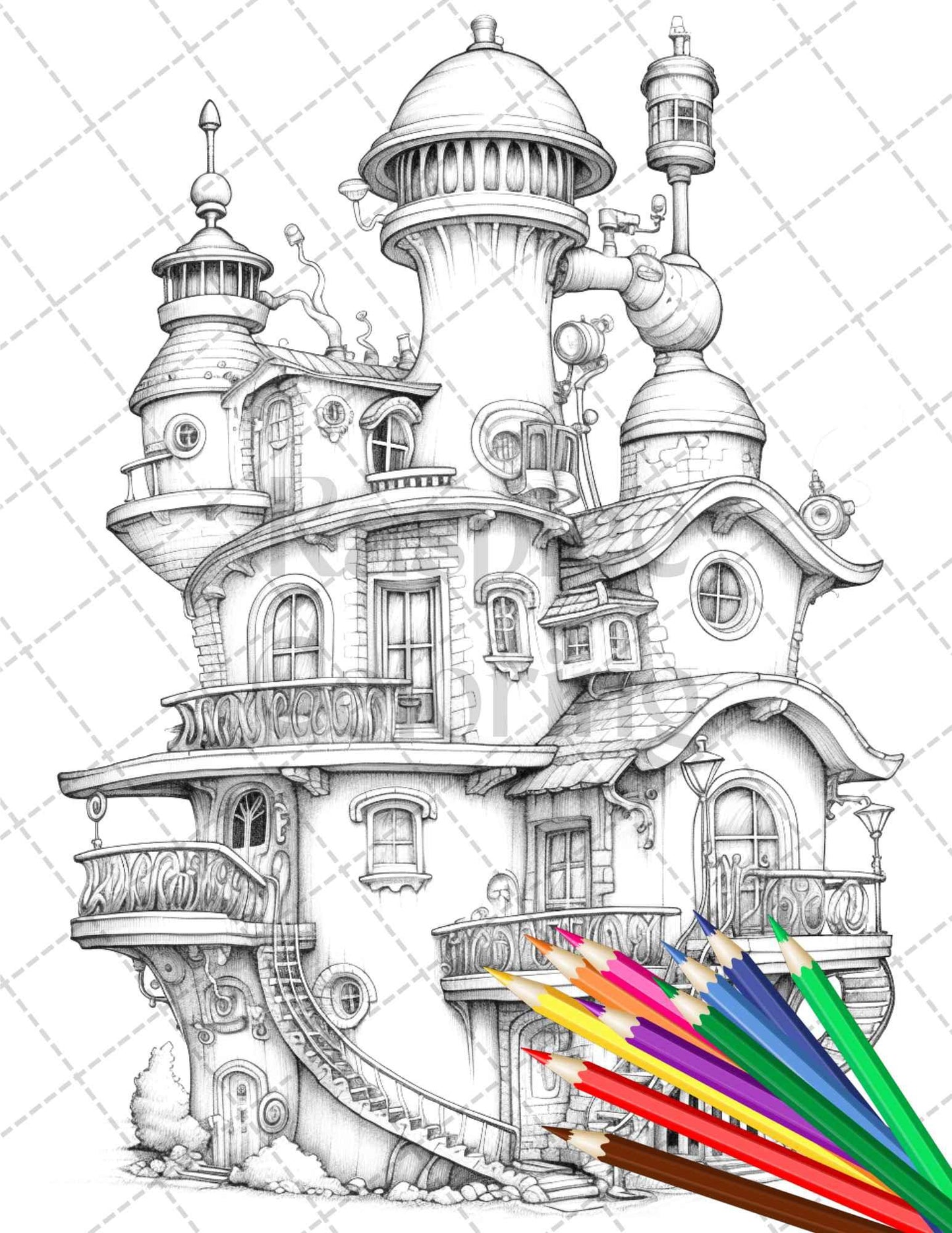 50 Steampunk Houses Grayscale Coloring Pages Printable for Adults, PDF File Instant Download