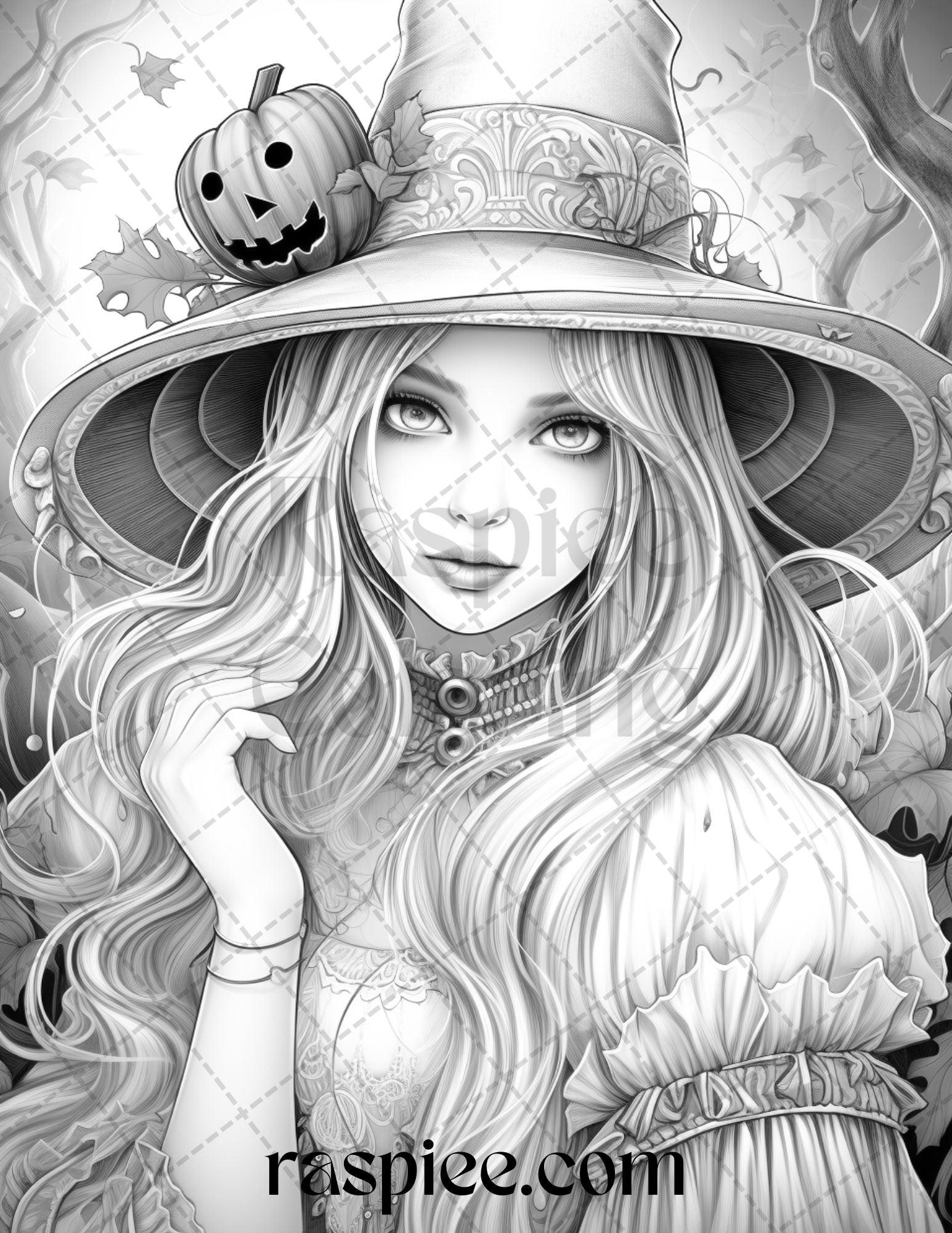55 Halloween Girls Grayscale Coloring Pages Printable for Adults, PDF File Instant Download