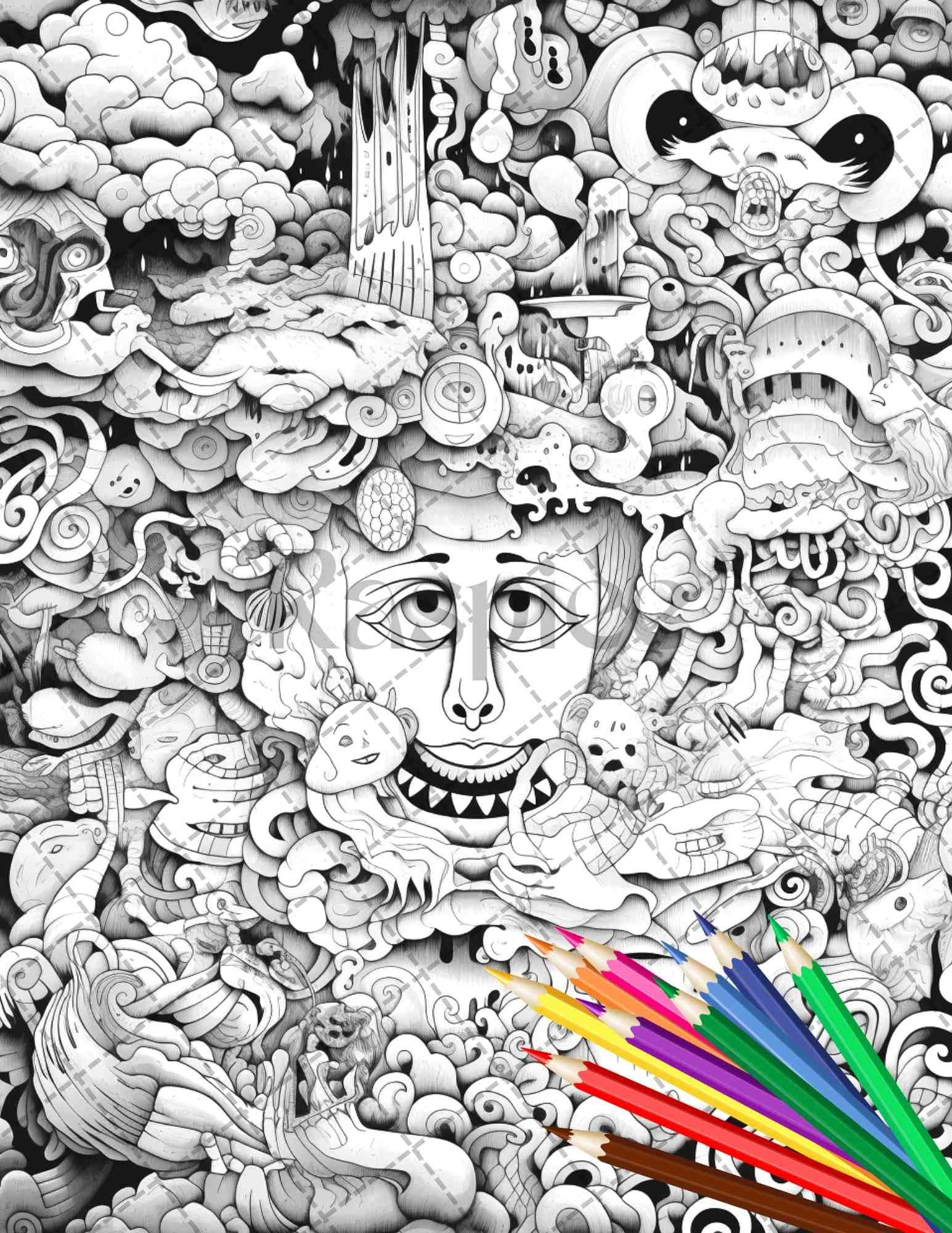 Psychedelic Trippy Coloring Book Printable for Adults, Grayscale Coloring Page, PDF File Instant Download