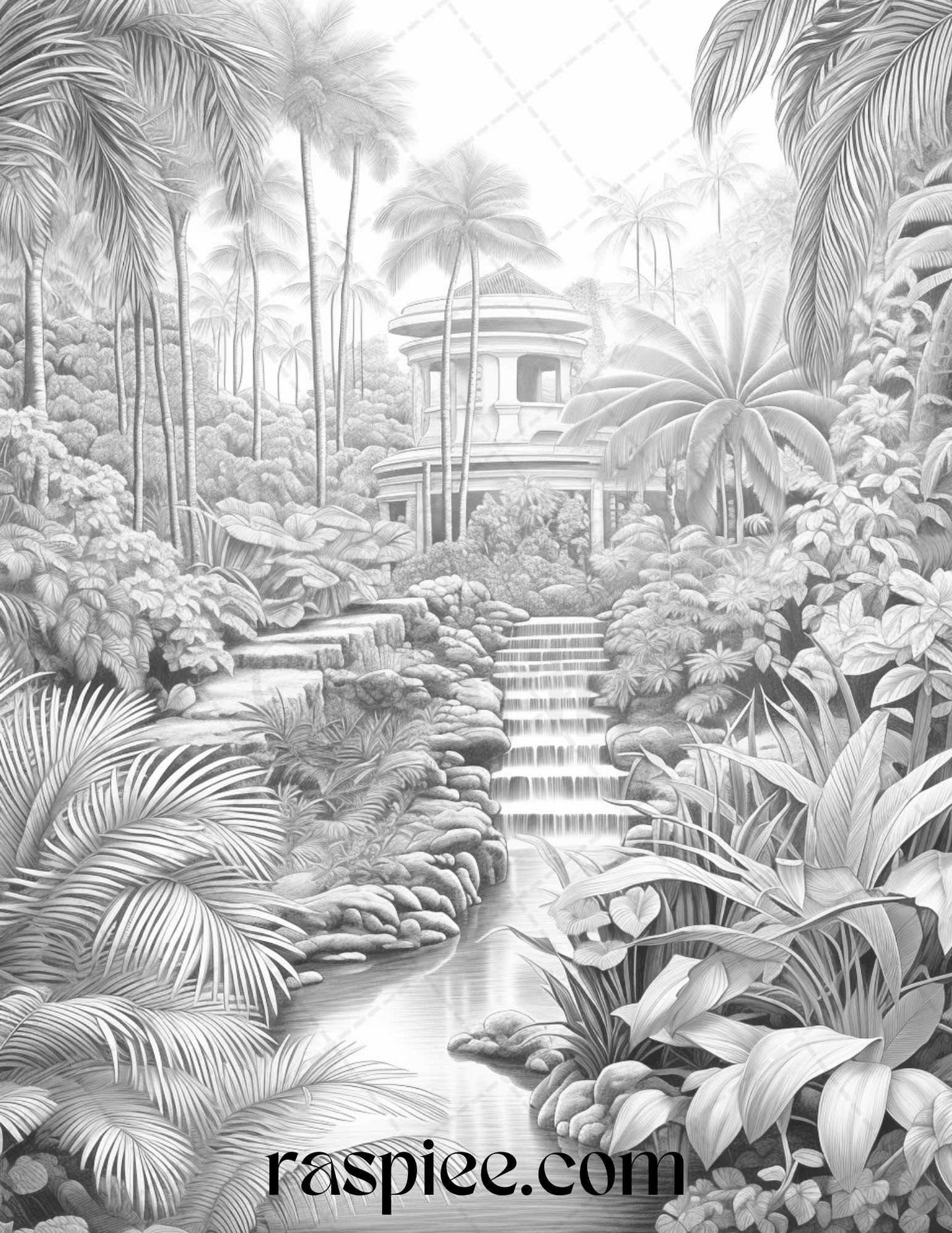 52 Tropical Oasis Grayscale Coloring Pages Printable for Adults, PDF File Instant Download