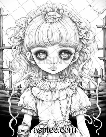 50 Scary Victorian Dolls Grayscale Coloring Pages Printable for Adults, PDF File Instant Download