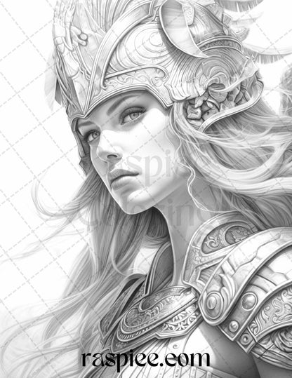 Greek Women Warriors Grayscale Coloring Pages for Adults, Printable PDF File Instant Download