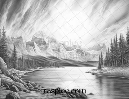 Aurora Borealis Landscape Grayscale Coloring Pages for Adults, Printable PDF File Instant Download